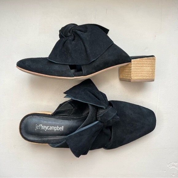 Jeffrey Campbell Black Suede Mule Slip On Shoes w/ Bow & Block Heel Women’s 8 - Picture 1 of 16